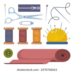 Tailors accessories, supplies to sew cloth. Dressmaking collection with thread rolls, button, needles, zipper, scissors. Tailoring studio