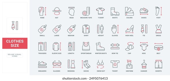 Tailors guide to measure length, width and circumference of body parts to sew and buy clothes line icons set. Fashion clothing and charts thin black and red outline symbols vector illustration