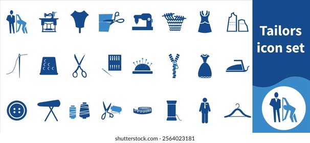 Tailors icon set, wool, dressmaking, thimble, craft, sign, tailoring, pin, white, hanger, leather, silhouette, style, circle, colorful, color, needlework, icon, button, web, fashion and more.