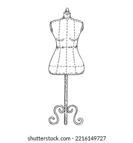 Tailors mannequin line art. Tailoring fitting cutting. Vintage sewing tool. Tailor profession. Hand drawn vector doodle illustration.