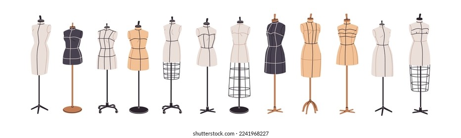 Tailors mannequins set. Sewing dummies, women torso, body for fashion design, dressmaking. Female manikins, fabric and metal figures on stands. Flat vector illustrations isolated on white background