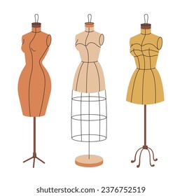 Se ponen maniquíes de sastres. Tejidos de coser, torso femenino, cuerpo para diseño de moda, costura. Maniquíes, tejidos y figuras metálicas femeninas en los quioscos. Ilustraciones vectoriales planas aisladas en fondo blanco