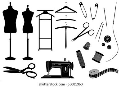 Tailor's objects and equipment black and white silhouettes