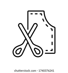 Tailor's pattern and scissors. Linear icon of clothes cutting, dressmaking. Black simple illustration of sewing studio, fitting dress according to figure. Contour isolated vector on white background