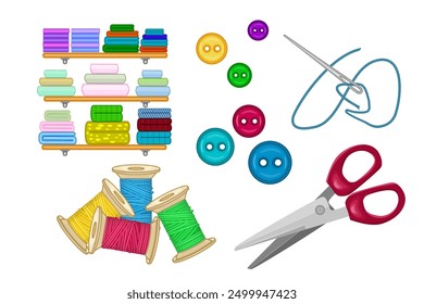 Tailors set isolated on white background. Fabric on shelf, button, scissor, needle and spool for thread. Sewing supplies for handmade. Needlework tools. Stock vector illustration