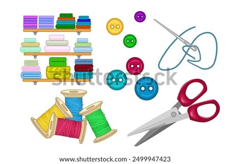 Tailors set isolated on white background. Fabric on shelf, button, scissor, needle and spool for thread. Sewing supplies for handmade. Needlework tools. Stock vector illustration