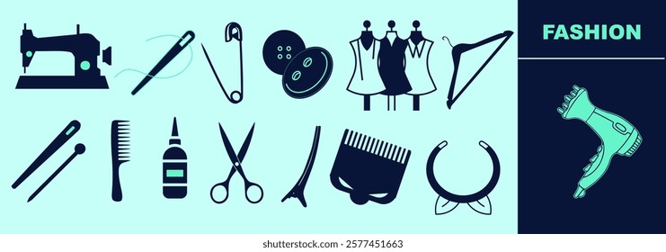 Tailor's tools icon set. Sewing machine, needles, thread, scissors, pins, mannequins, safety pin, buttons, hairdryer. Editable elements, size and color.