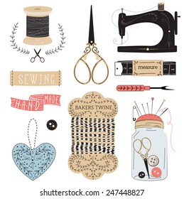 tailor's tools - scissors, measuring tape, thimble, etc.