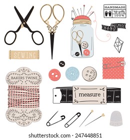 tailor's tools - scissors, measuring tape, thimble, etc.