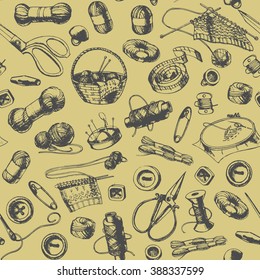  Tailor's tools seamless pattern.Illustration in vintage style.Background in vector.