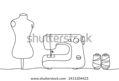 Tailor's tools for sewing products. Sewing machine, threads and mannequin. National Tailors Day. Vector illustration. Images produced without the use of any form of AI software at any stage. 