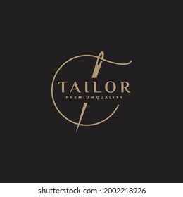 Tailor's vector logo design. Needle gold color. Textile emblem. Clothes label.	 