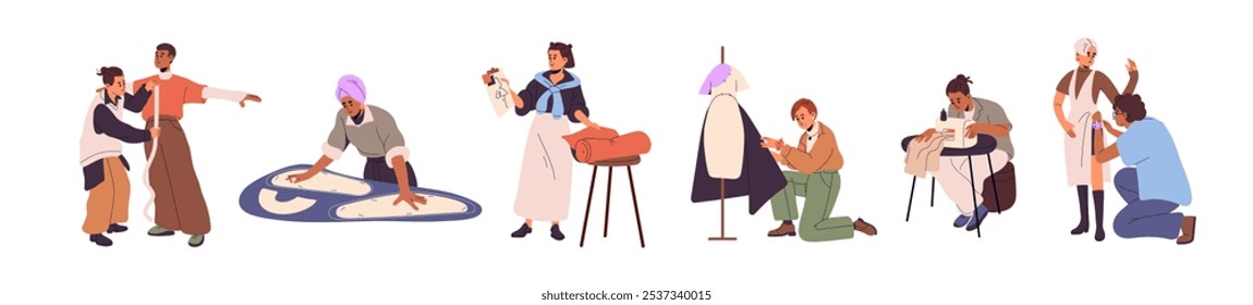 Tailors in workshop set. Seamstresses with sewing machine, mannequin. Fashion designer creates clothing. Dressmakers measuring, work with textile, fabric. Flat isolated vector illustrations on white