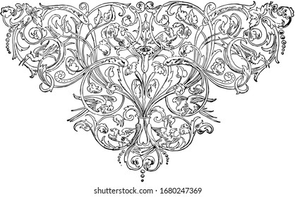 Tailpiece is a birds and leaves pattern, it is a very decorated, vintage line drawing or engraving.