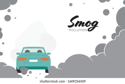 tailpipe smog or smoke from vehicle or car on background. Fine dust, air pollution, industrial smog, pollutant gas emission, PM10, PM2.5. Vector illustration. World environment day concept.