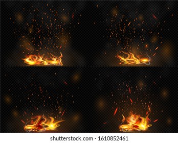 Tails of bright flame with sparks, smoke and fire patches of light on a dark transparent background. The texture of the fiery whirlwind. Glowing explosion of flying particles. Vector illustrations set