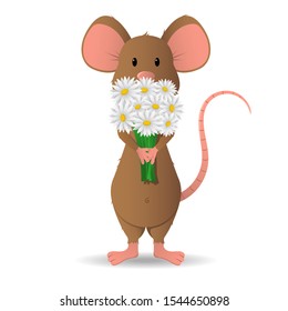 The tails of a cute little mouse, brown, holds a beautiful small bouquet with white flowers. Romantic vector illustration, isolate on a white background, for postcards and other prints on things.