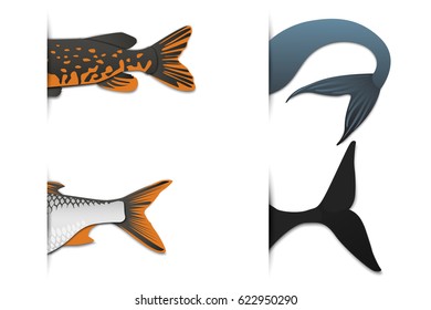 Tails of fish. Mermaid, whale. Paper art. Vector illustration.