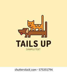 Tails Up logo template. Vector pet care logotype illustration isolated on background. Graphic cat and dog icon label design for animal shop, hospital, shelter, veterinary clinic, business services