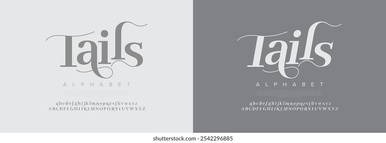 Tails typography beauty fashion elegant minimalist serif italic fonts decorative wedding vintage retro logos. Minimal luxury font alphabet logo. Vector illustration