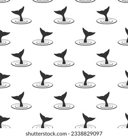 Tails of whales seamless graphic pattern. Wallpaper from repeat tails fish with water circles. Black and white sea background. Vector illustration  