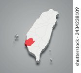 Tainan City division highlighted in red on a grey Taiwan 3d map