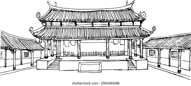 Tainan Confucian Temple. Hand drawn sketch illustration in vector.