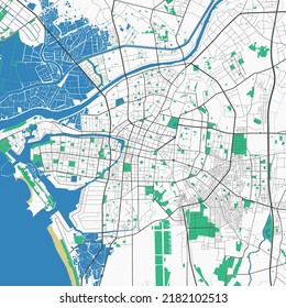 Tainan vector map. Detailed map of Tainan city administrative area. Cityscape panorama. Royalty free vector illustration. Road map with highways, rivers.