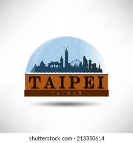 Taipei, China, city skyline silhouette in snow globe. Vector design.