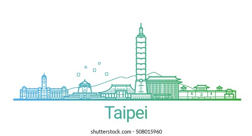 Taipei city colored gradient line. All Taipei buildings - customizable objects with opacity mask, so you can simple change composition and background fill. Line art.