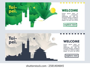 Taipei city horizon profile banner, placard, header, footer. Taiwan metropolis downtown vector website page layout with panoramic front view