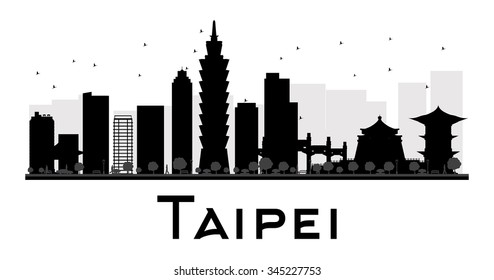 Taipei City skyline black and white silhouette. Vector illustration. Simple flat concept for tourism presentation, banner, placard or web site. Business travel concept. Cityscape with landmarks