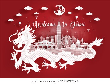 Taipei city skyline with buildings and famous landmarks with dragon in paper cut style vector illustration. Travel poster, post card and tour company. 