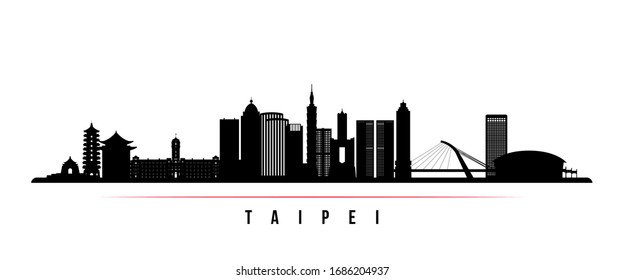 Taipei city skyline horizontal banner. Black and white silhouette of Taipei, Taiwan. Vector template for your design. 