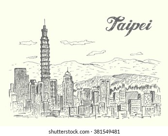 Taipei City Skyline,Taiwan,sketch Style,isolated,vector Illustration