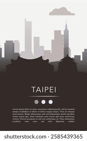 Taipei city template for website, presentation, front page, invitation, publication sheet with skyline, landmarks. Vector Taiwan image layout, simple and grayscale