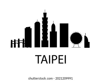 Taipei cityscape banner. Black silhouette. Taiwan capital with attractions. Travel postcard. Isolated vector stock illustration