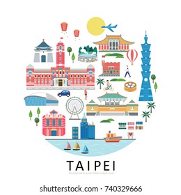 Taipei landmarks collection, circle shape of taiwan travel concept illustration