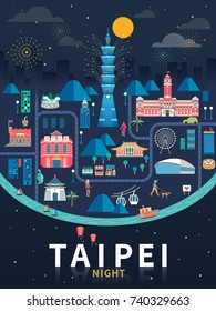 Taipei night flat design, taiwan travel concept illustration with famous landmarks in night