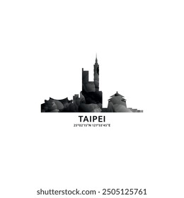 Taipei panorama, vector badge, skyline logo and icon. Taiwan city horizon logotype with landmarks and building silhouettes. Isolated foggy abstract gradient graphic