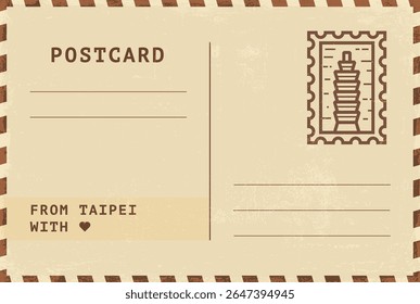 Do modelo de cartão postal de Taipei. Ilustração de cartão postal estilo vintage grungy vetor com selo, torre, marco, mensagem. Layout de imagem simples de saudações simples