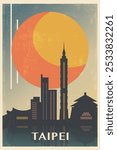 Taipei retro city poster with abstract shapes of skyline, buildings. Taiwan vintage travel vector illustration, cityscape at sunrise, sunset