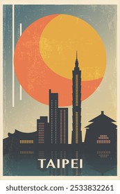 Taipei retro city poster with abstract shapes of skyline, buildings. Taiwan vintage travel vector illustration, cityscape at sunrise, sunset