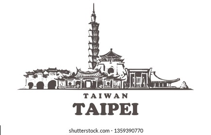 Taipei sketch skyline. Taiwan, Taipei hand drawn vector illustration. Isolated on white background. 