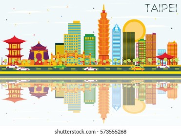Taipei Skyline with Color Buildings, Blue Sky and Reflections. Vector Illustration. Business Travel and Tourism Concept. Image for Presentation Banner Placard and Web Site.
