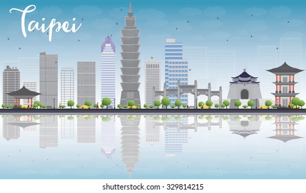 Taipei skyline with grey landmarks, blue sky and reflection. Vector illustration. Business travel and tourism concept with place for text. Image for presentation, banner, placard and web site.
