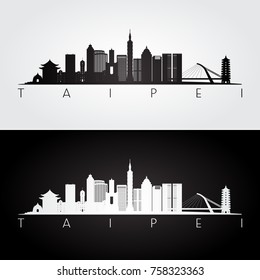 Taipei skyline and landmarks silhouette, black and white design, vector illustration.