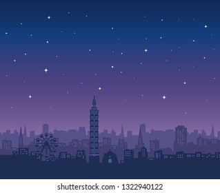 Taipei Skyline, Sunset Night Sky Stars, Taipei 101, Vector Illustration