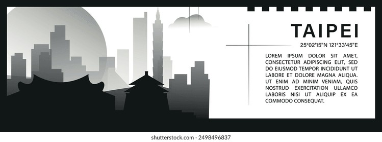 Taipei skyline vector banner infographic, black and white minimalistic cityscape silhouette. Taiwan capital city horizontal graphic, travel, monochrome layout for website