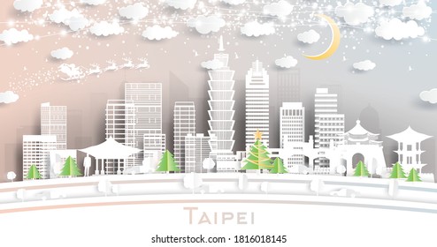 Taipei Taiwan City Skyline in Paper Cut Style with Snowflakes, Moon and Neon Garland. Vector Illustration. Christmas and New Year Concept. Santa Claus on Sleigh.